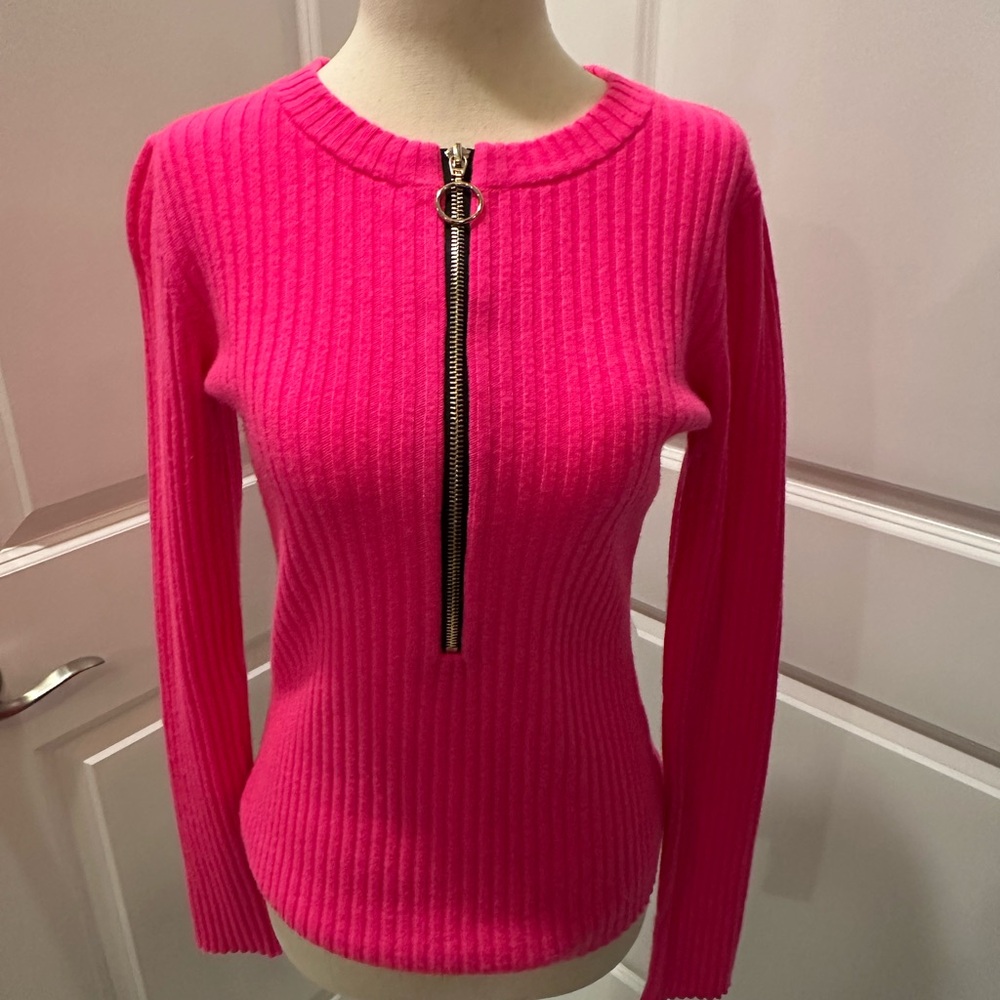 Generation Love from Saks - Vibrant Pink Ribbed Sweater with Zipper